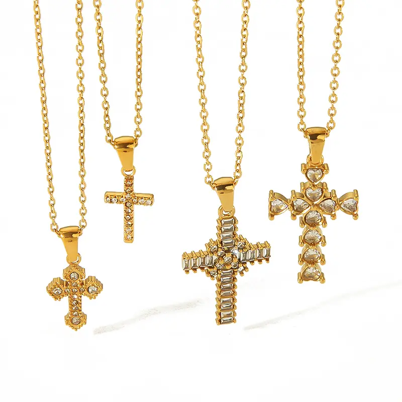 1 Piece Classic Punk Style Cross Shape Stainless Steel 18K Gold Plated Inlay Rhinestones Women's Pendant Necklaces h5 